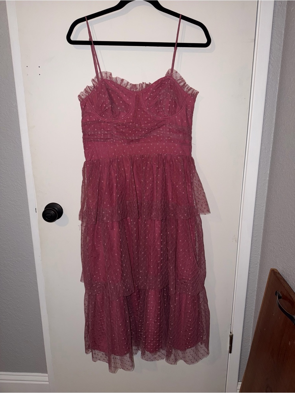 Lulu's Dusty Rose Tiered Tulle Spaghetti Strap Dress